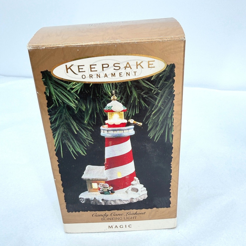 Hallmark Keepsake Candy Cane Lookout Lighthouse Blinking Light Ornament 1994